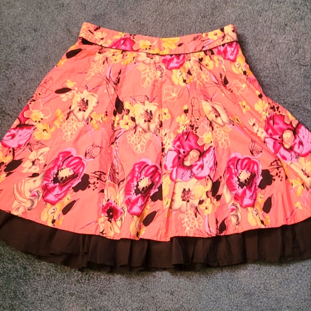 VINTAGE MODCLOTH DOWNEAST PINK/PEACH Black FLORAL PRINT L Tulle Look Bottom 12